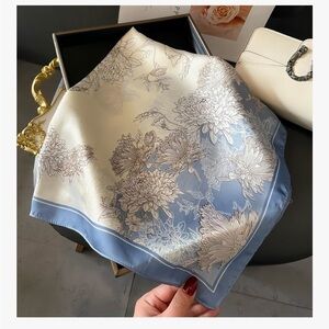 Floral Satin Scarf in Blue and Cream